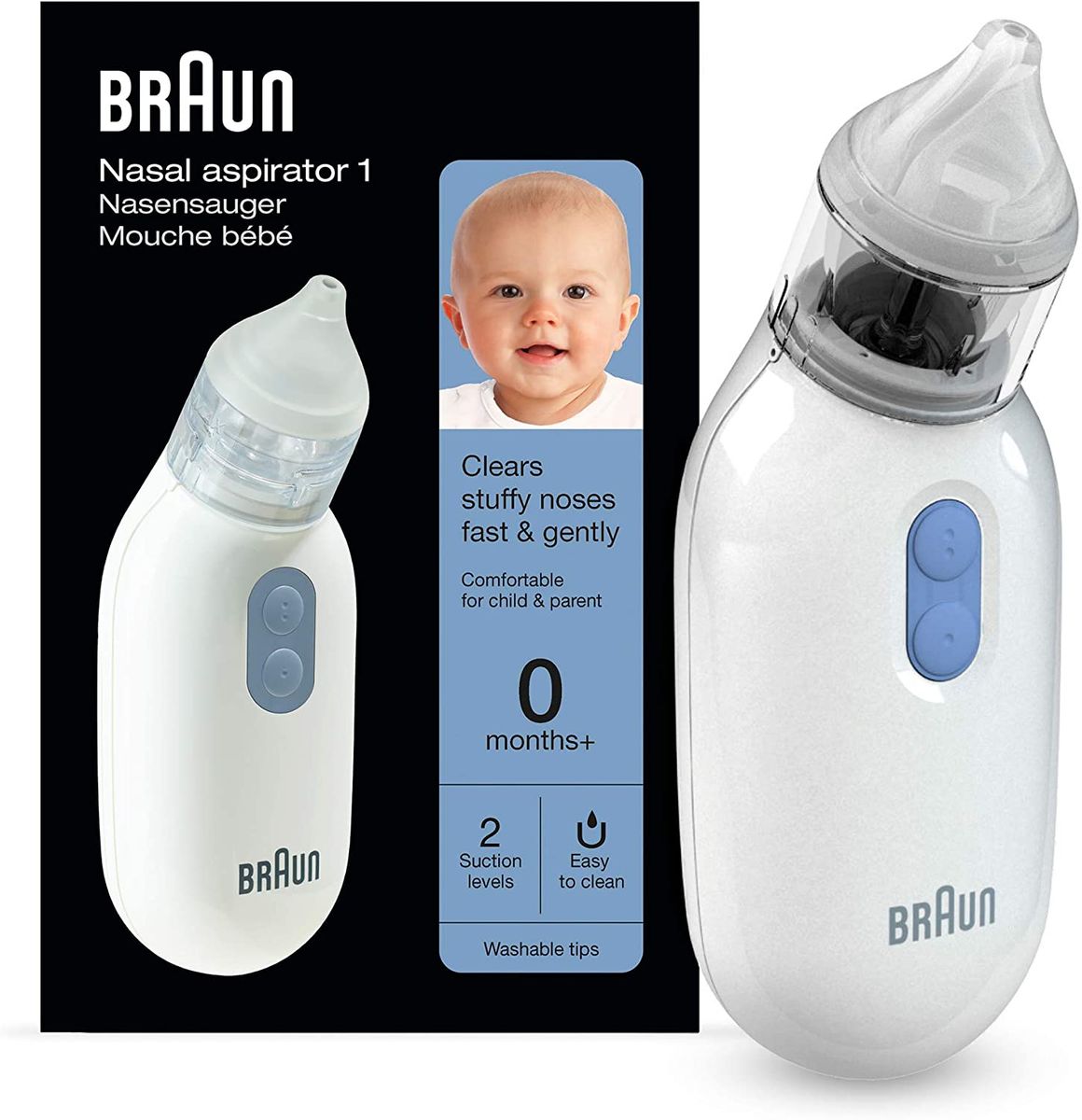 Braun Nasal aspirator 1, BNA100EU. Frees blocked noses quickly and gently. Electric nasal aspirator for all ages
