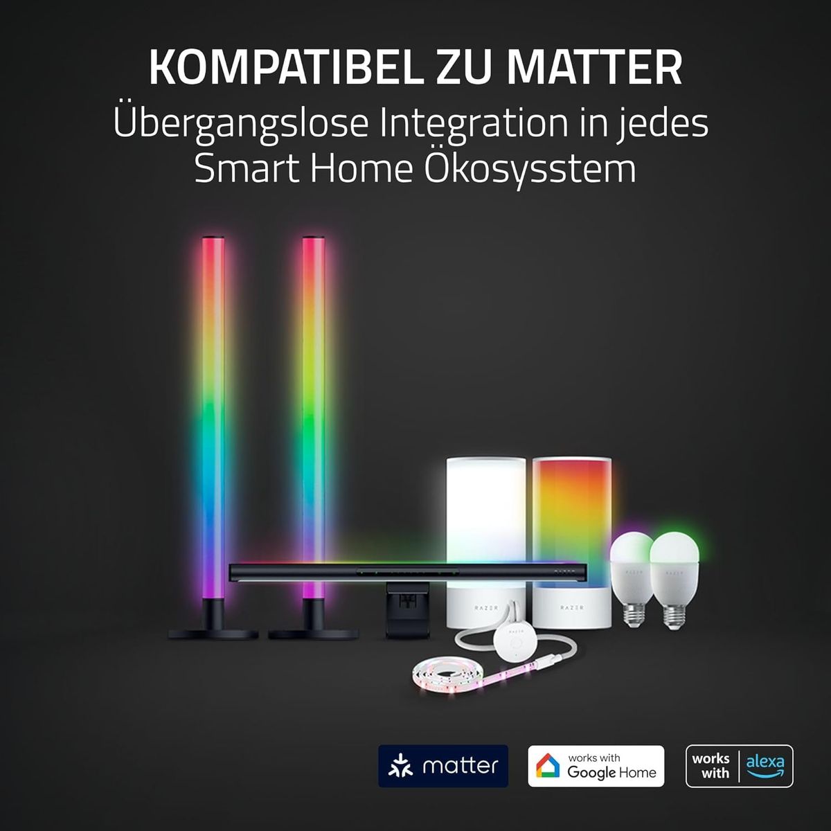Razer Aether Standing Light Bars - RGB LED-Lichtleisten für Gamer mit USB-C Anschluss (40cm x 3,2cm, Chroma RGB, Kompatible mit Matter, Google und Alexa, Individuell einstellbar) Schwarz