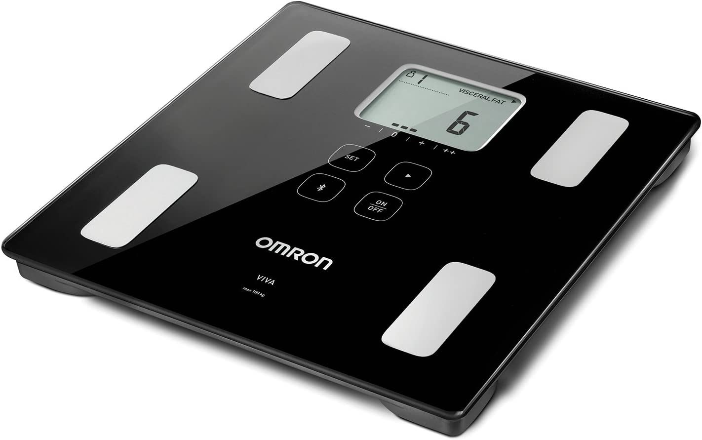 OMRON VIVA mit Bluetooth misst Körperfett, Gewicht, Viszeralfett, Skelettmuskelmasse, Grundumsatz und den BMI