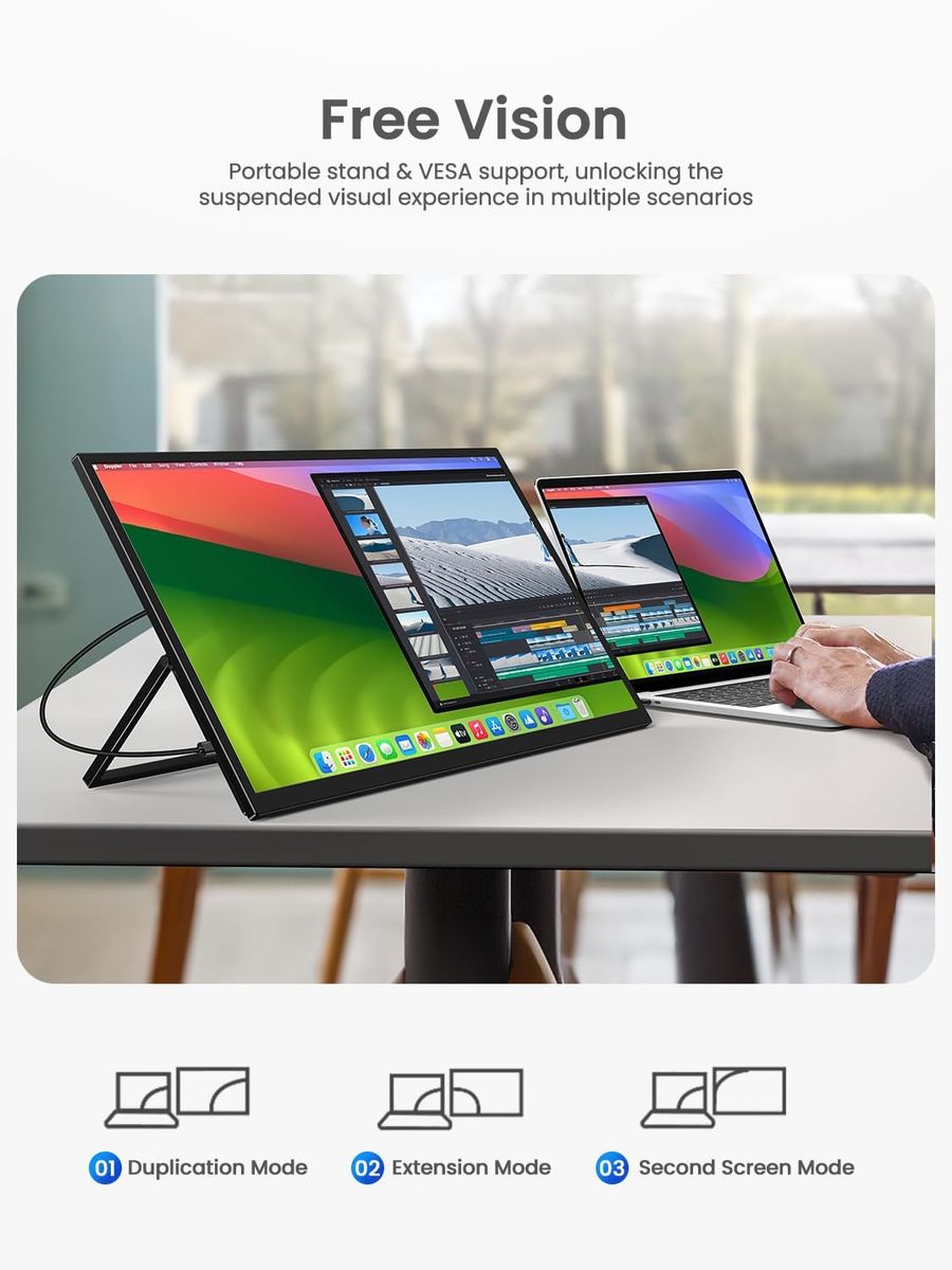 EVICIV Portable Monitor 18,5 Zoll 120Hz Tragbarer Bildschirm FHD 1080P IPS Mobiler Display Zweiter Screen mit Verstellbarer Ständer Mini HDMI Type-C für Laptop, PC, Phone, VESA-Kompatibel