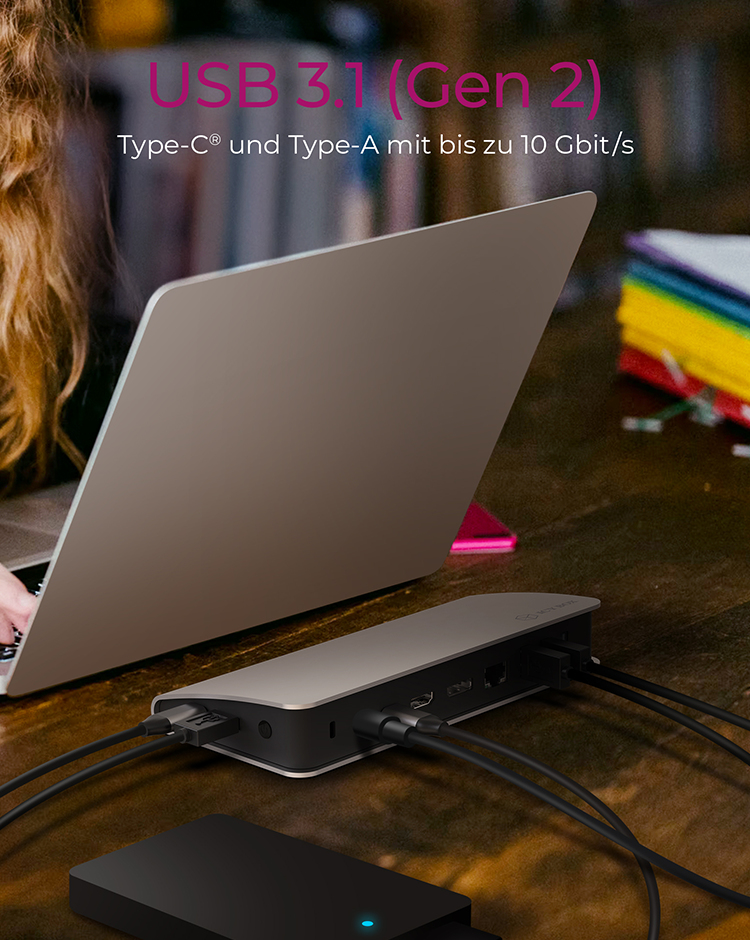 ICY BOX IB-DK2408-C Dockingstation USB Type-C, USB 3.2 Gen 1, HDMI & DisplayPort 4K@60, Gigabit LAN, Kartenleser, 100W PD, Schwarz/Silber, EU