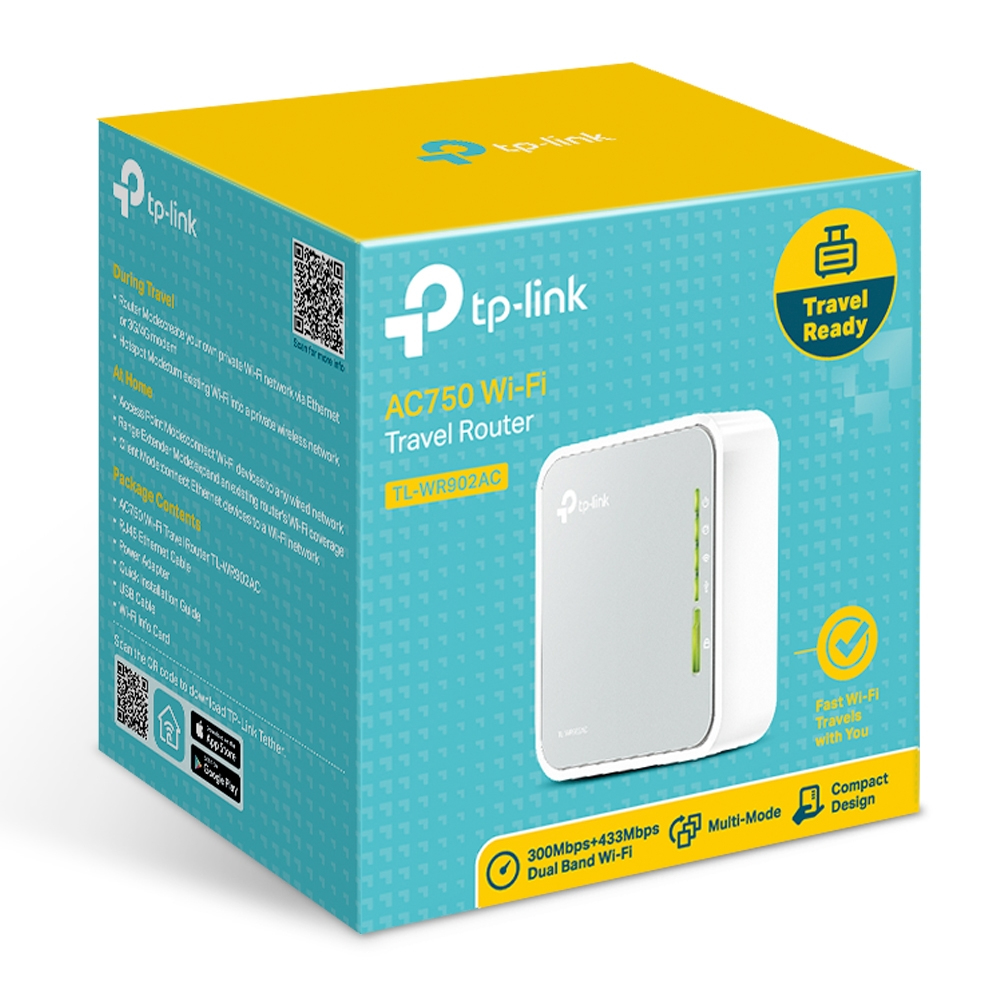 TP-Link TL-WR902AC AC750 WLAN Nano Router (433Mbit/s (5GHz) +300Mbit/s (2,4GHz) (tragbar, Accesspoint, TV Adapter, Repeater, Router, Client, Media, FTP Server), weiß/ grau