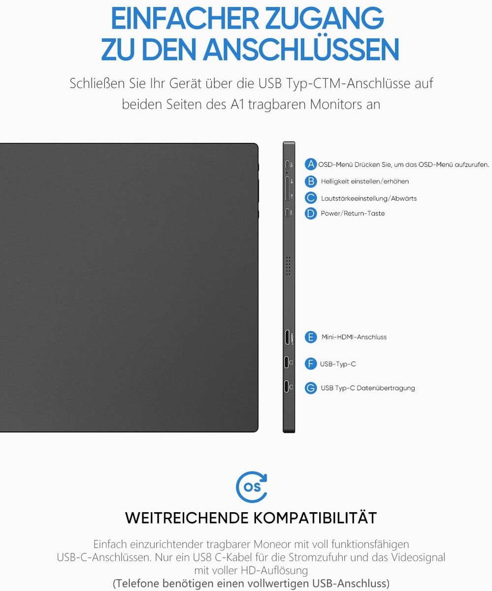 ARZOPA Tragbarer Monitor, 15.6" 1920×1080 FHD IPS Portabler Monitor für Laptop mit Einer Stütze, Ultra-Dünner Zweitbildschirm für Laptop/PC/Mac/PS3/4/5/Xbox - USB C & HDMI Anschluss - A1