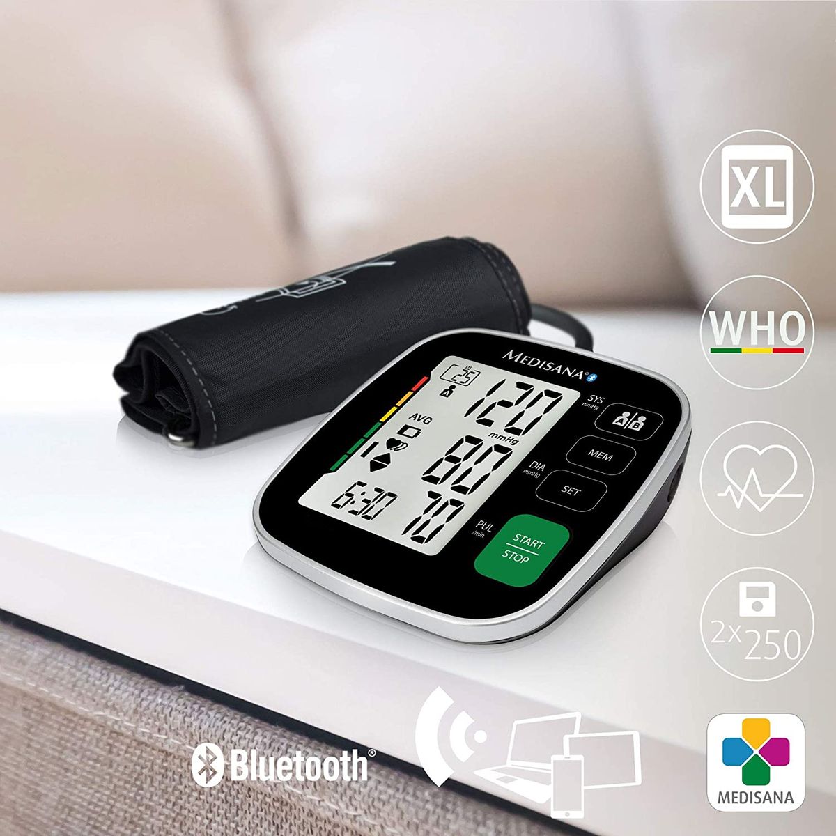 Medisana BU 546 connect upper arm blood pressure monitor with large cuff, arrhythmia display, Bluetooth