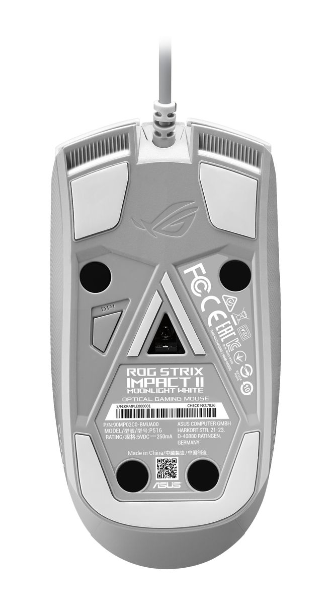 ASUS ROG Strix Impact II Moonlight White Gaming-Maus, beidhändig, kabelgebunden USB Typ-A, optischer Sensor 6200 DPI, 5 Tasten, RGB, 1000 Hz, 79 g