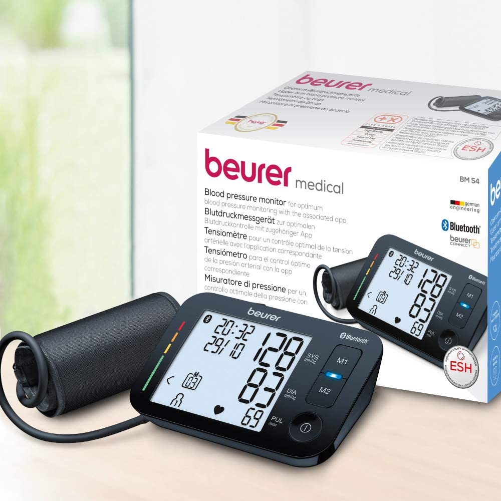 Beurer BM 54 Upper arm blood pressure monitor, digital blood pressure monitor with XL display, app connection with certified data protection, arrhythmia detection, large cuff for upper arms from 22-44 cm App networking via Bluetooth.