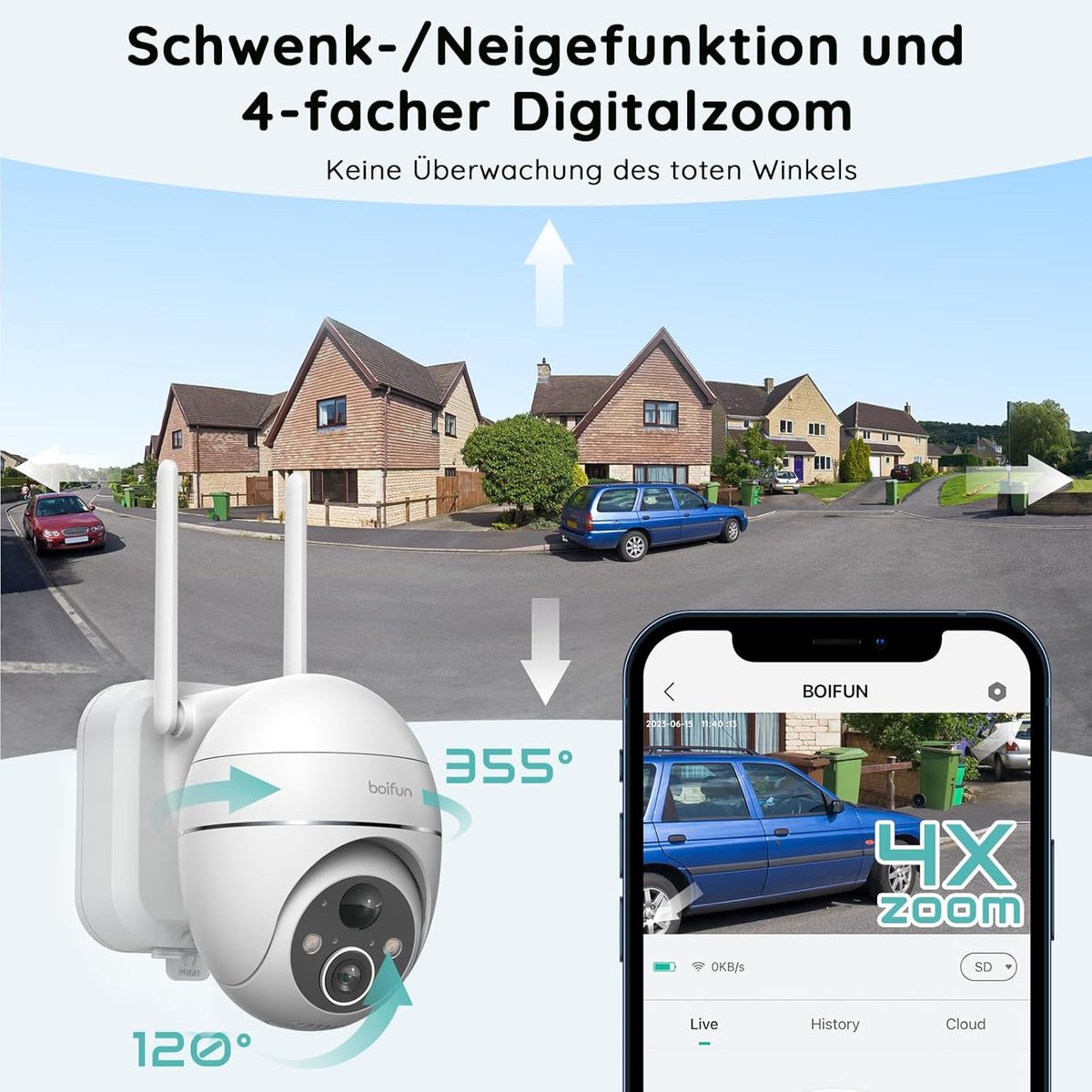 BOIFUN ZS-GX1S Solar-Überwachungskamera Außen 2K 360° WLAN 2,4 GHz Farb-Nachtsicht 15 m Bewegungsmelder Zweiweg-Audio Solarbetrieben