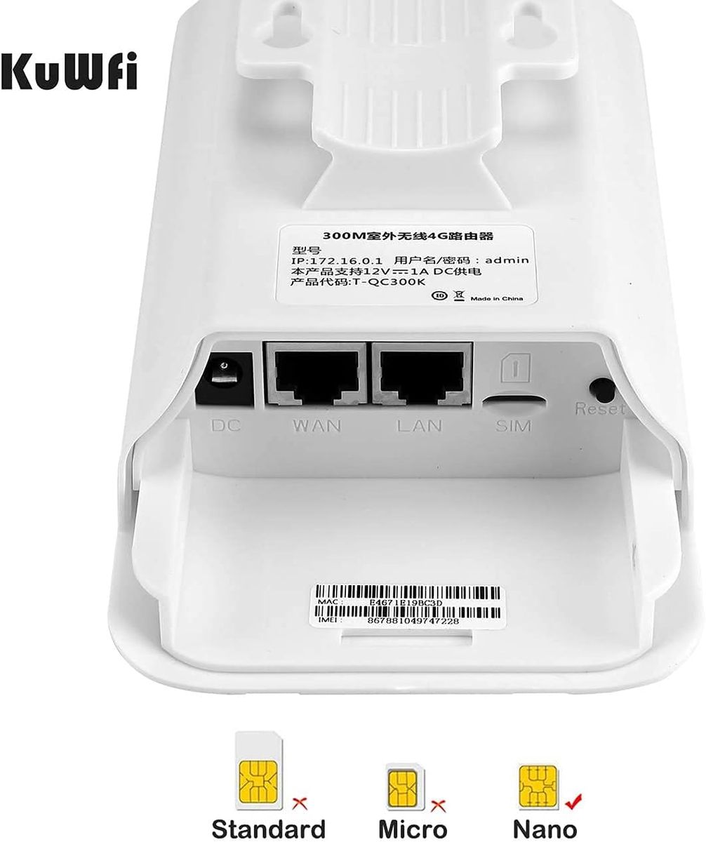 KuWFi 4G SIM Router, KuWFi 300 Mbps 4G LTE CPE Router mit POE Adapter Outdoor LTE Router CAT4 mit SIM Card Slot Wasserdicht WiFi Router für IP Kamera/Outside WiFi Coverage