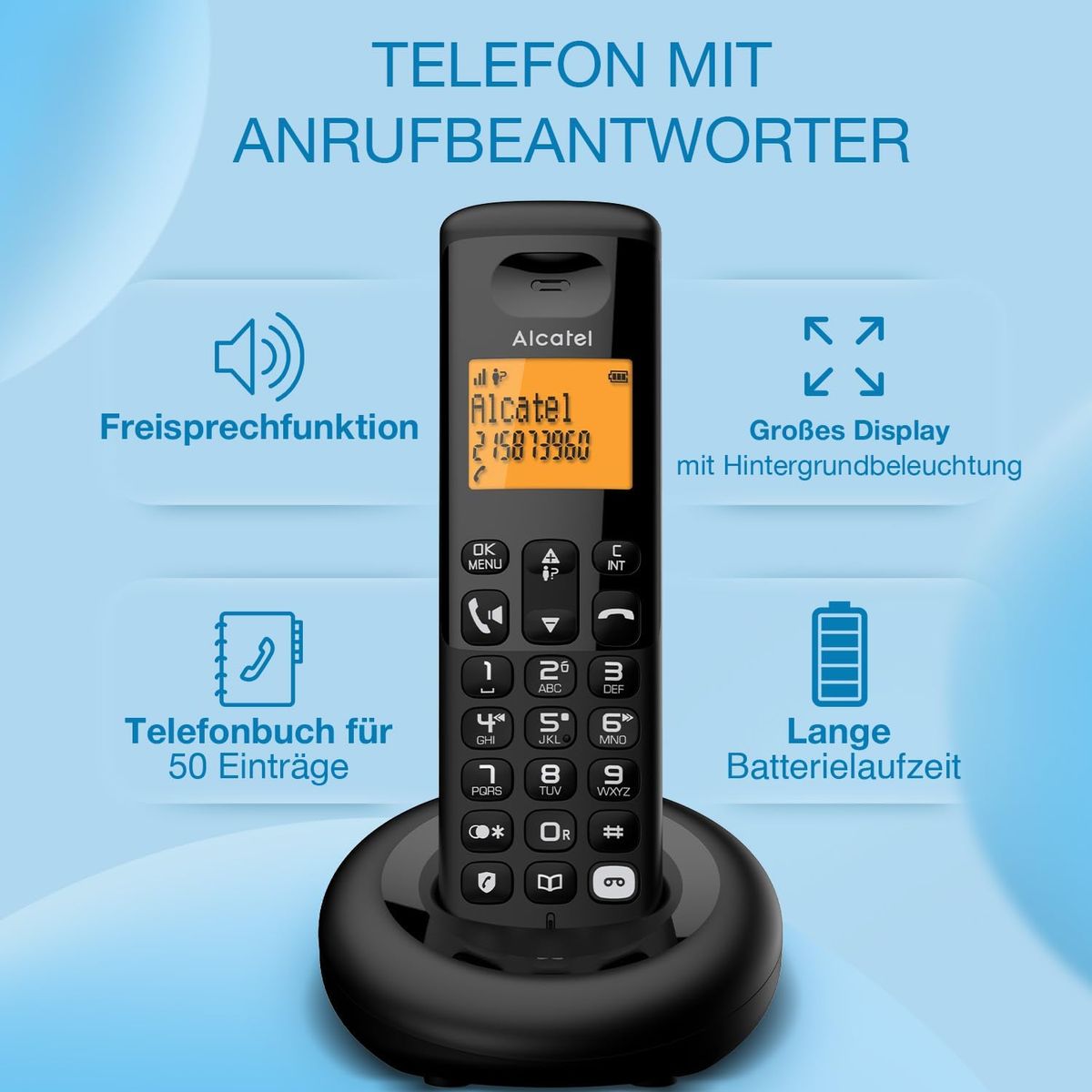ALCATEL E260 S. Voice Duo – Schnurloses DECT-Telefon mit Anrufbeantworter – Großes Hintergrundbeleuchtetes Display – Freisprechfunktion – Blockierung unerwünschter Anrufe – 2 Mobilteile – Schwarz