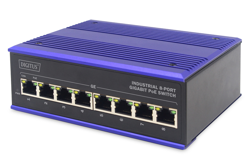 DIGITUS PoE Netzwerk-Switch - 8-Port Gigabit Ethernet - DIN-Rail Montage - Klemmleiste - Lüfterlos - Schwarz/Blau