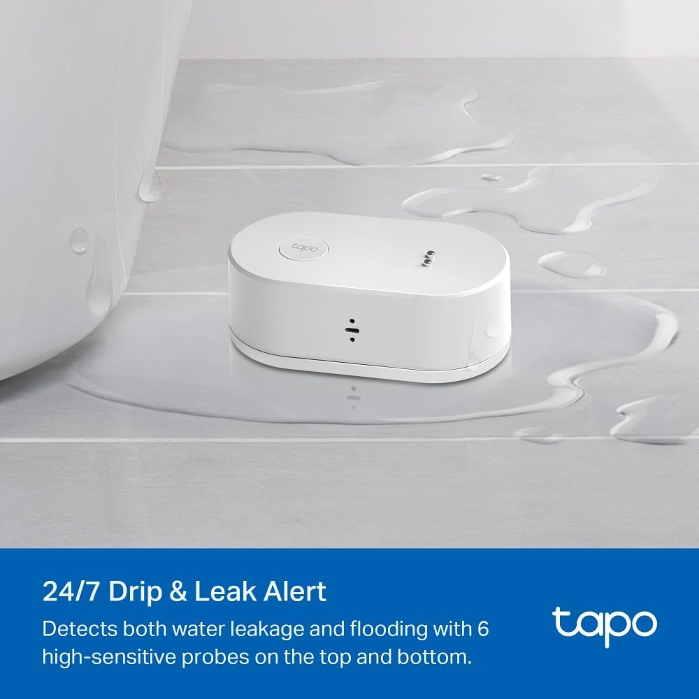 TP-Link T300 Smarter Wasserleck-Sensor, Hub erforderlich, eingebaute 90Db einstellbare Sirene, Sensor & APP & Hub-Alarm, IP67 wasserdicht, Flexible Platzierung Sensor Smart Wasserlecksensor