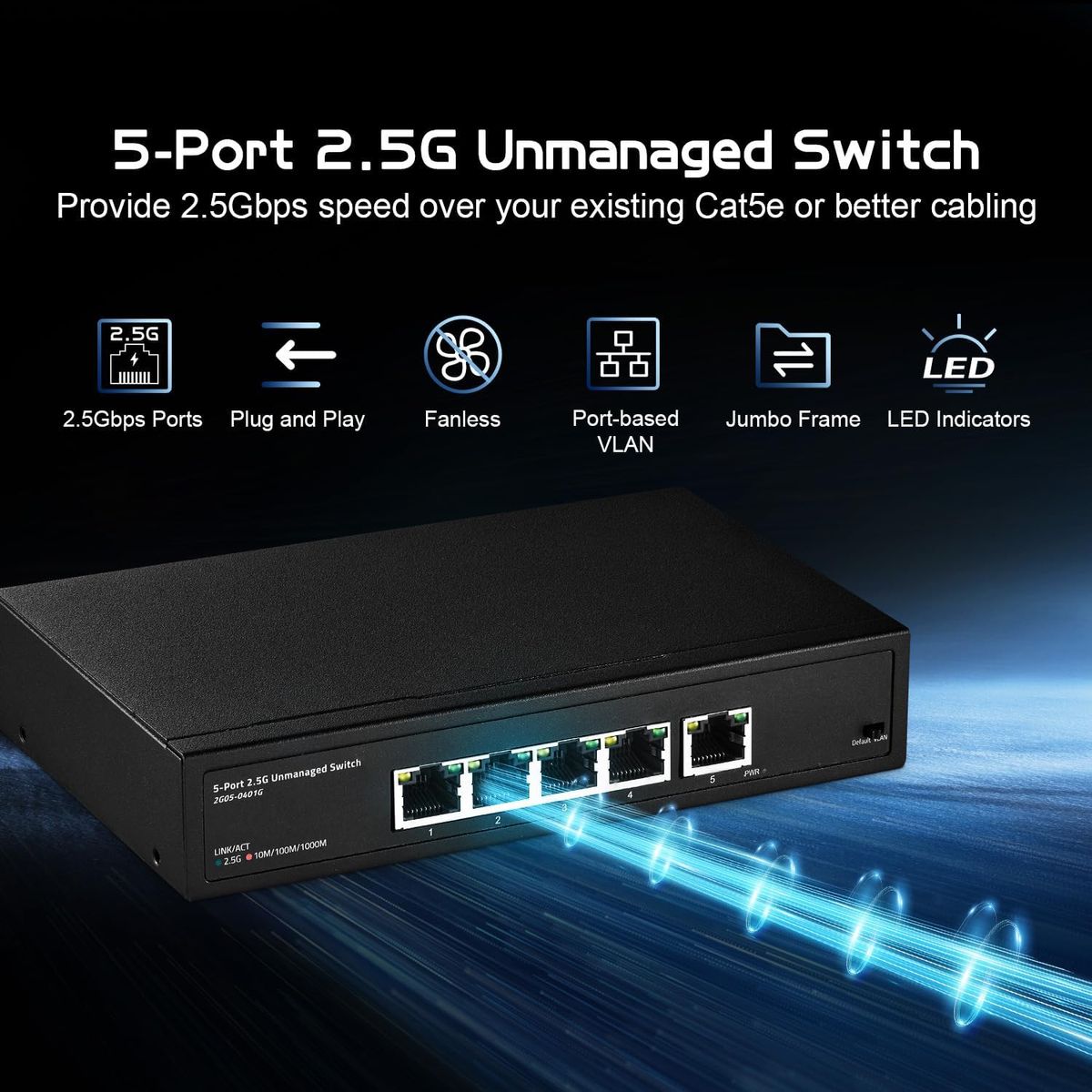 Binardat 5x2.5G 5-Port 2,5G Unmanaged Desktop Switch, 5 x 2,5 Gbit/s RJ45 Ports, VLAN, Metallgehäuse, Plug-Type C (EU)