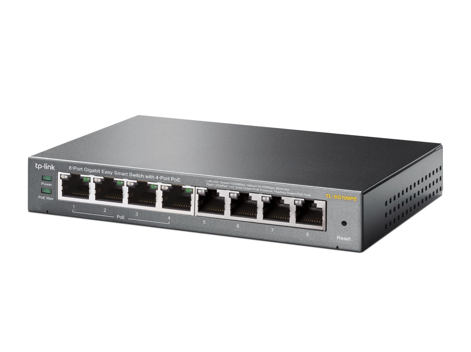 TP-Link TL-SG108PE Managed PoE Switch, 8 Port Gigabit Network Switch mit 4 PoE+ Ports (64 W, 802.3af/at PoE+, Lüfterlos, Plug-and-Play, Robustes Metallgehäuse) Schwarz V5