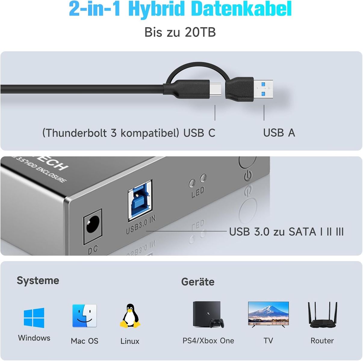 RSHTECH Aluminium USB 3.0 Externe Festplattengehäuse 2,5''&3,5'' USB 3.0 SATA Festplatte Gehäuse für SSD & HDD, mit 2-in-1 Kabel (Typ-A&C), 24W Netzteil, unterstützt UASP, Automatische Schlaffunktion RSH-339ST