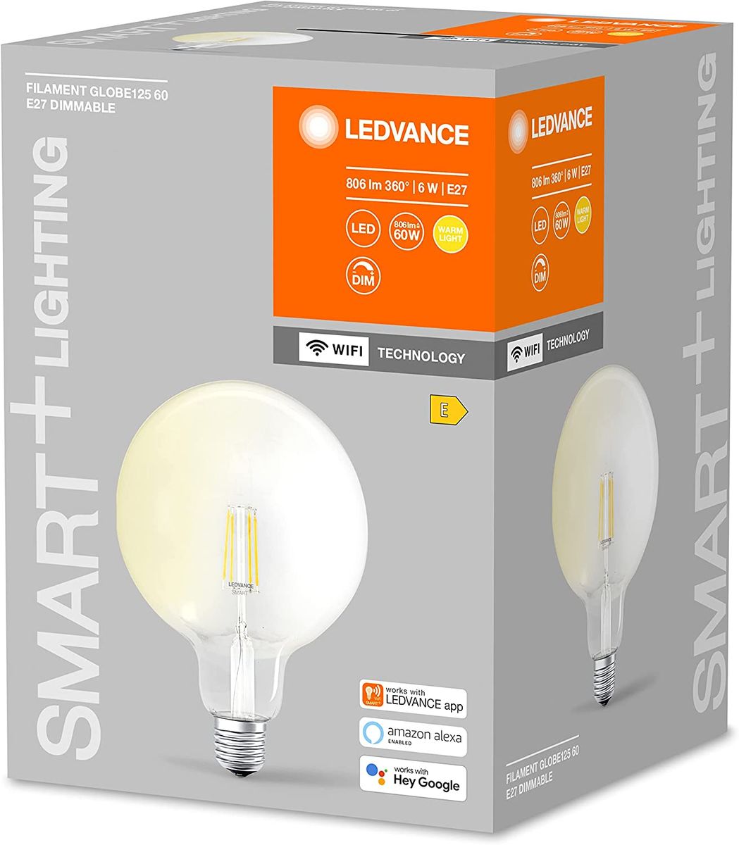 LEDVANCE Smarte LED-Lampe mit WiFi Technologie, Sockel E27, Dimmbar, Warmweiß (2400 K), ersetzt Glühlampen mit 60 W, SMART+ WiFi Globe Edison Dimmable, 1er-Pack, Filament Globe - Form 1 Stück (1er Pack) 60W-Ersatz