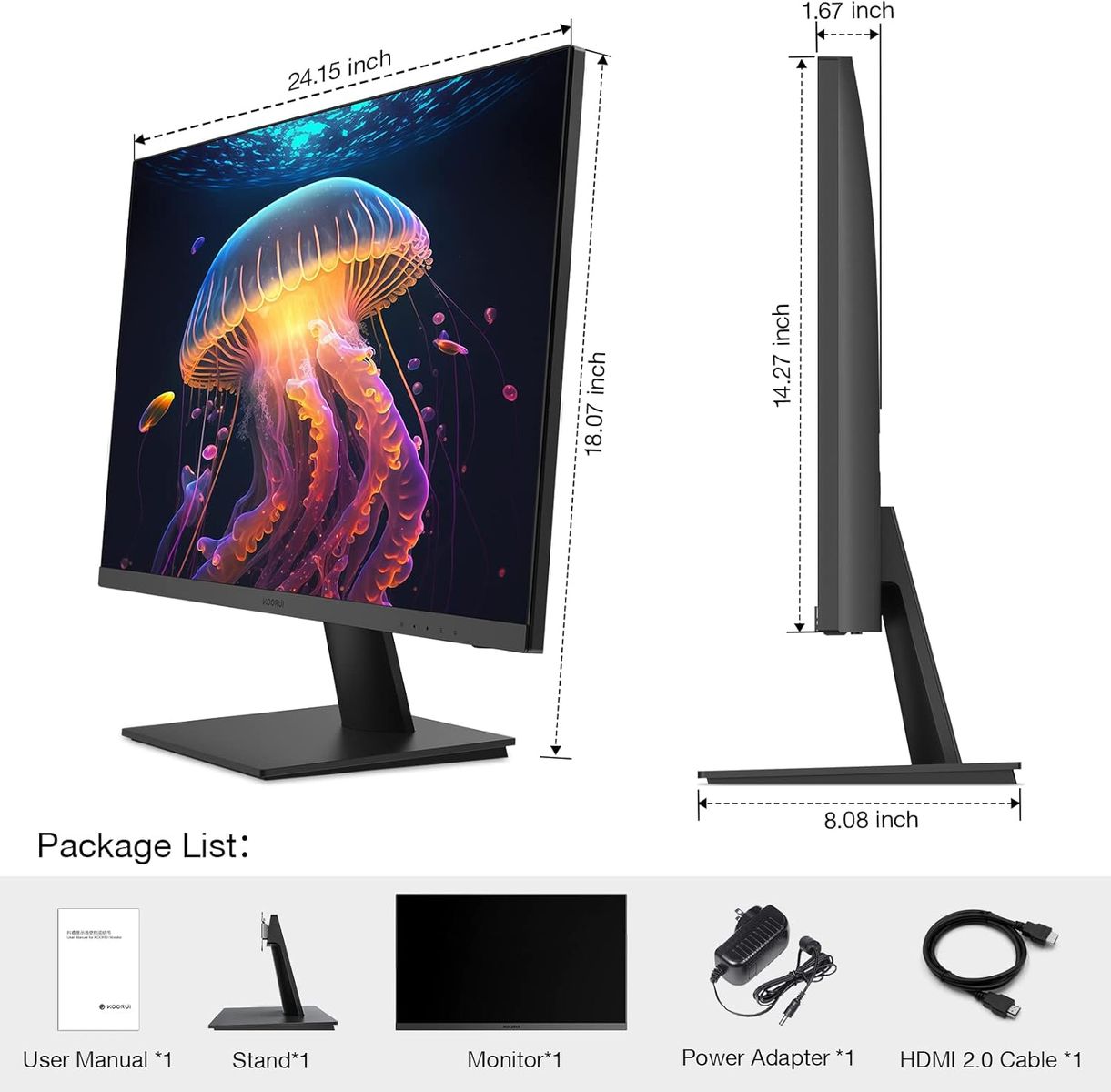 KOORUI Monitor 27 Zoll, 4K PC Bildschirm UHD(3840 * 2160), IPS, 4ms, 60Hz, 2X HDMI 2.0 & DisplayPort 1.4, Adpitive Sync, HDR10, VESA 100 * 100mm, 90% DCI-P3, Eye Care, Schwarz