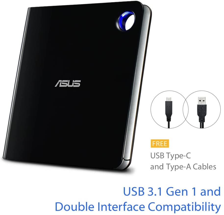 ASUS SBW-06D5H-U BDXL Extern Ultra Slim Blu-ray und MDisc Brenner (USB 3.1, USB-C, 2 Kabel) schwarz