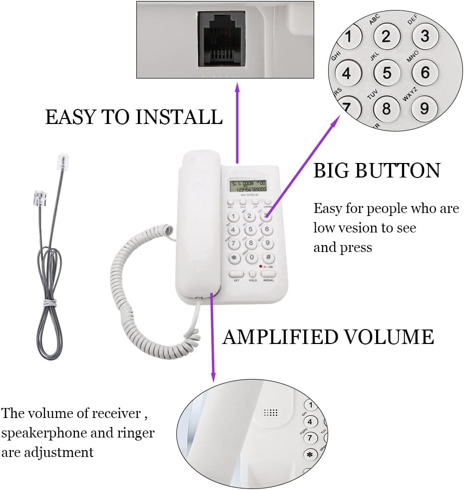 N-INC Schnurgebundenes Telefon mit großer Taste ，Home Hotel Freisprechen Langlebiges Telefon Büro Festnetztelefon mit Speicherschutz/Wandmontage/Lauter Klingelton für Senioren, ältere Menschen (Weiß)