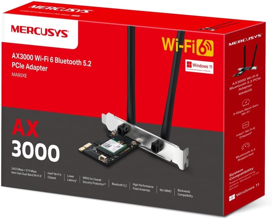 Mercusys MA80XE AX3000 Wi-Fi 6 Bluetooth 5.2 PCIe Adapter, Wi-Fi 2402 Mbps (5GHz) + 574Mbps (2.4GHz), Intel WiFi 6 Chipsatz, WPA3, kompatibel mit Windows 10, 11 (64bit) W-Fi 6 AX3000