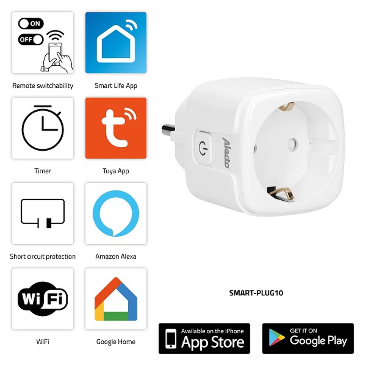alecto Smart WiFi plug, 16A, 3680W, white