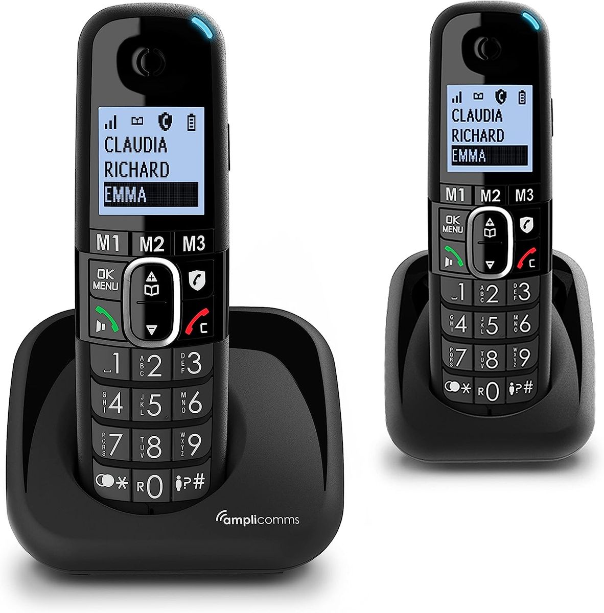 amplicomms BigTel 1502 Duo schnurloses DECT Großtasten Telefon, Zwei Mobilteile, Audio-Boost, extra Laute Klingeltöne, Hörgerätekompatibel, Anrufschutz