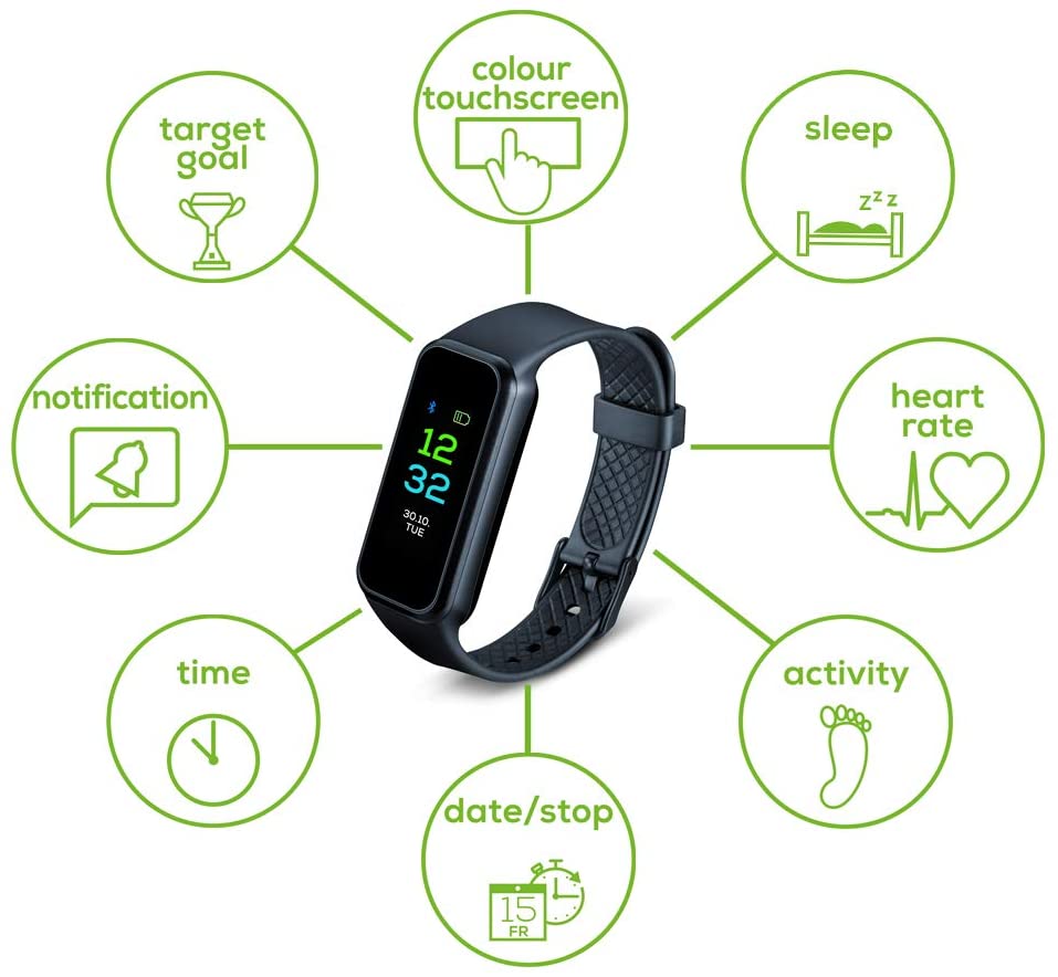 Beurer AS 99 Pulse Bluetooth activity sensor with color touchscreen, wrist pulse measurement incl. automatic measurement function, activity and sleep tracking and movement reminder Color display with touchscreen