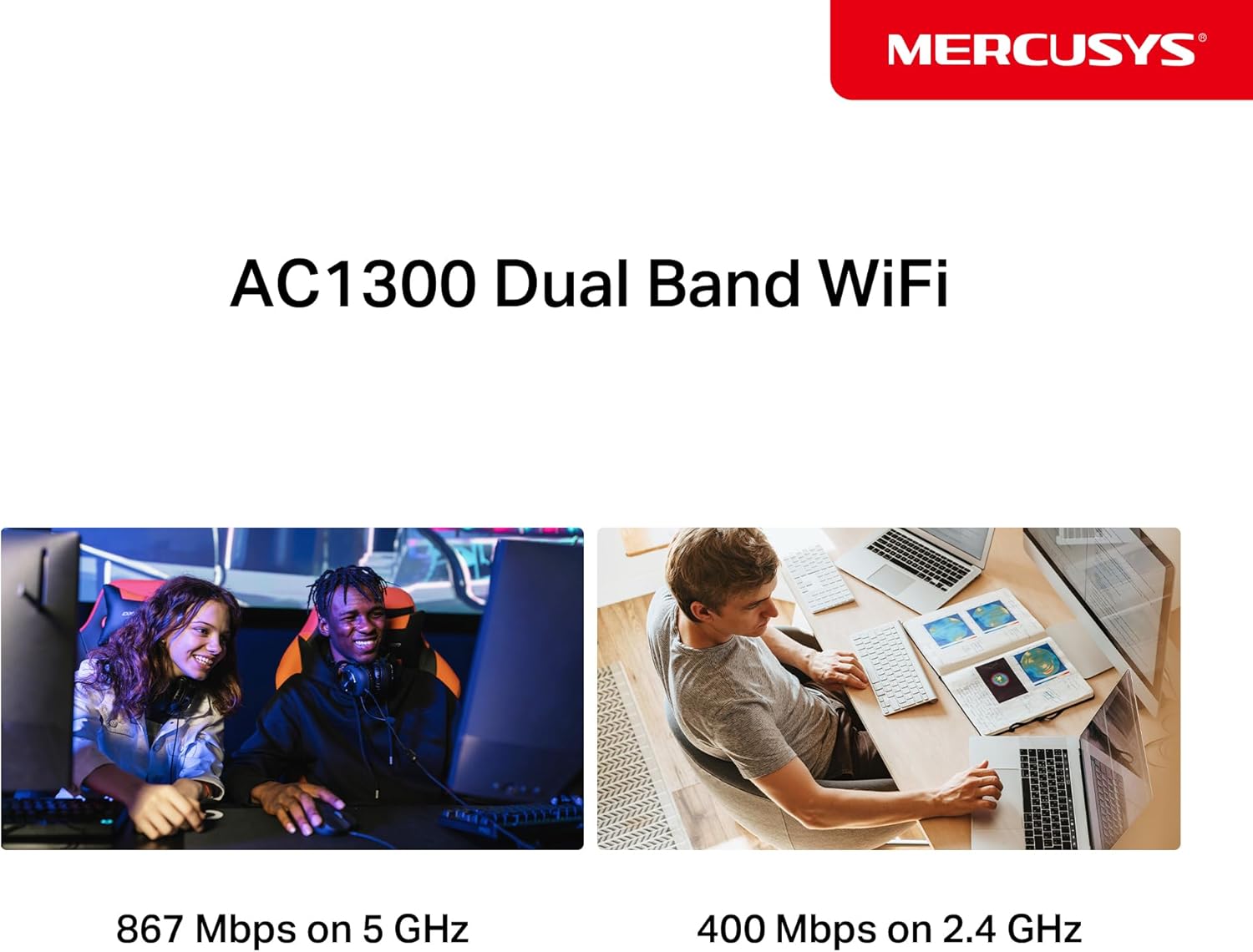 Mercusys MA30H AC1300 High Gain USB WLAN Stick Adapter mit Antennen(bis zu 867 Mbit/s 5GHz, 400 Mbit/s 2,4GHz, nur Kompatibel mit Windows 11/10 (32/64 bit) AC1300 Mbps