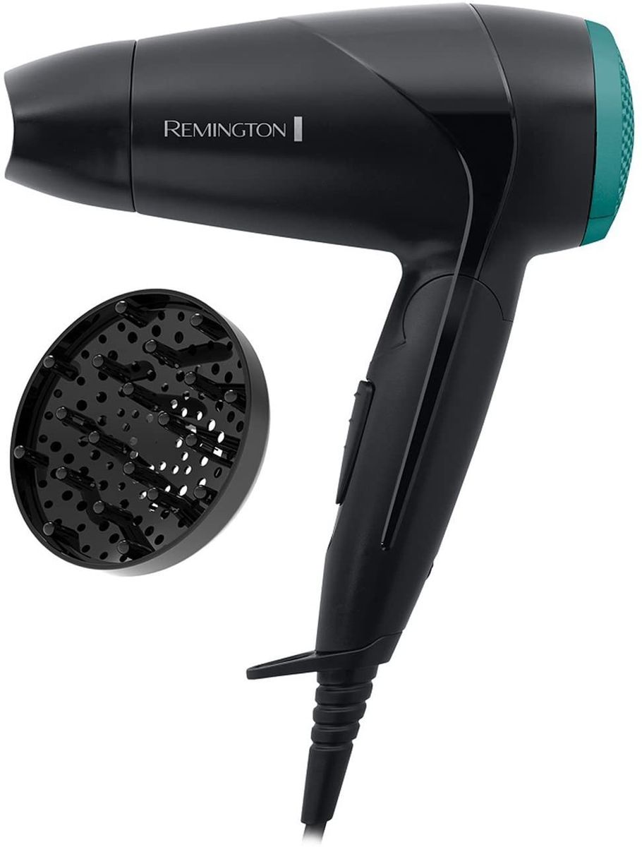 Remington Hair Dryer On The Go D1500, 2000 watts, worldwide voltage adjustment, foldable travel hair dryer, styling nozzle, compact diffuser, black.