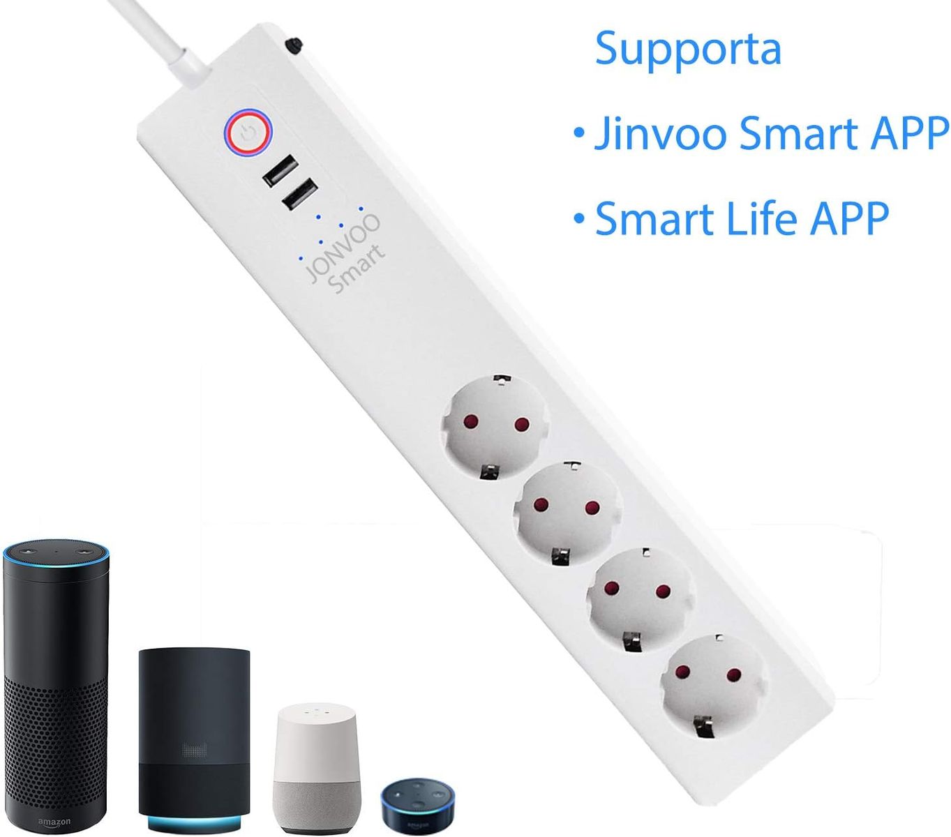 Jinvoo Smart SM-SO306-2A Steckdosenleiste, 4x Typ F (EU) Steckdosen, 2x USB-Schnellladung, Überspannungsschutz, WLAN, App-Fernbedienung, Timer, kompatibel mit Alexa & Google Assistant, EU