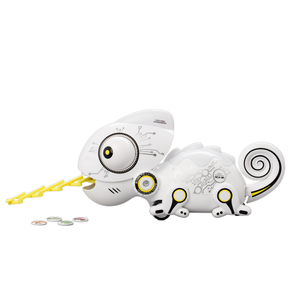 YCOO 88538 ROBO CHAMELEON by Silverlit, remote controlled robot, robot animal for children, feed the Chameleon, incl. 4 metal insects, light and sound effects, 28 cm, white, from 3 years Chamälion