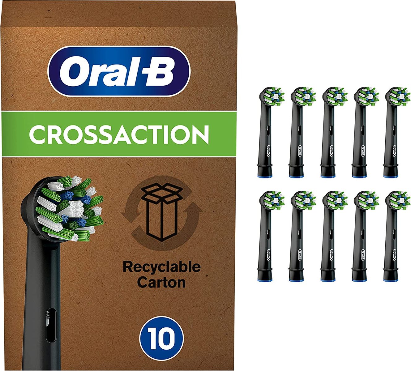Oral-B CrossAction Aufsteckbürsten für elektrische Zahnbürste, 10 Stück, ganzheitliche Mundreinigung mit CleanMaximiser-Borsten, Black Edition, schwarz, briefkastenfähige Verpackung