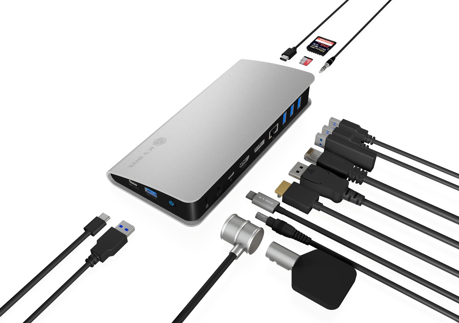 ICY BOX IB-DK2408-C Dockingstation USB Type-C, USB 3.2 Gen 1, HDMI & DisplayPort 4K@60, Gigabit LAN, Kartenleser, 100W PD, Schwarz/Silber, EU