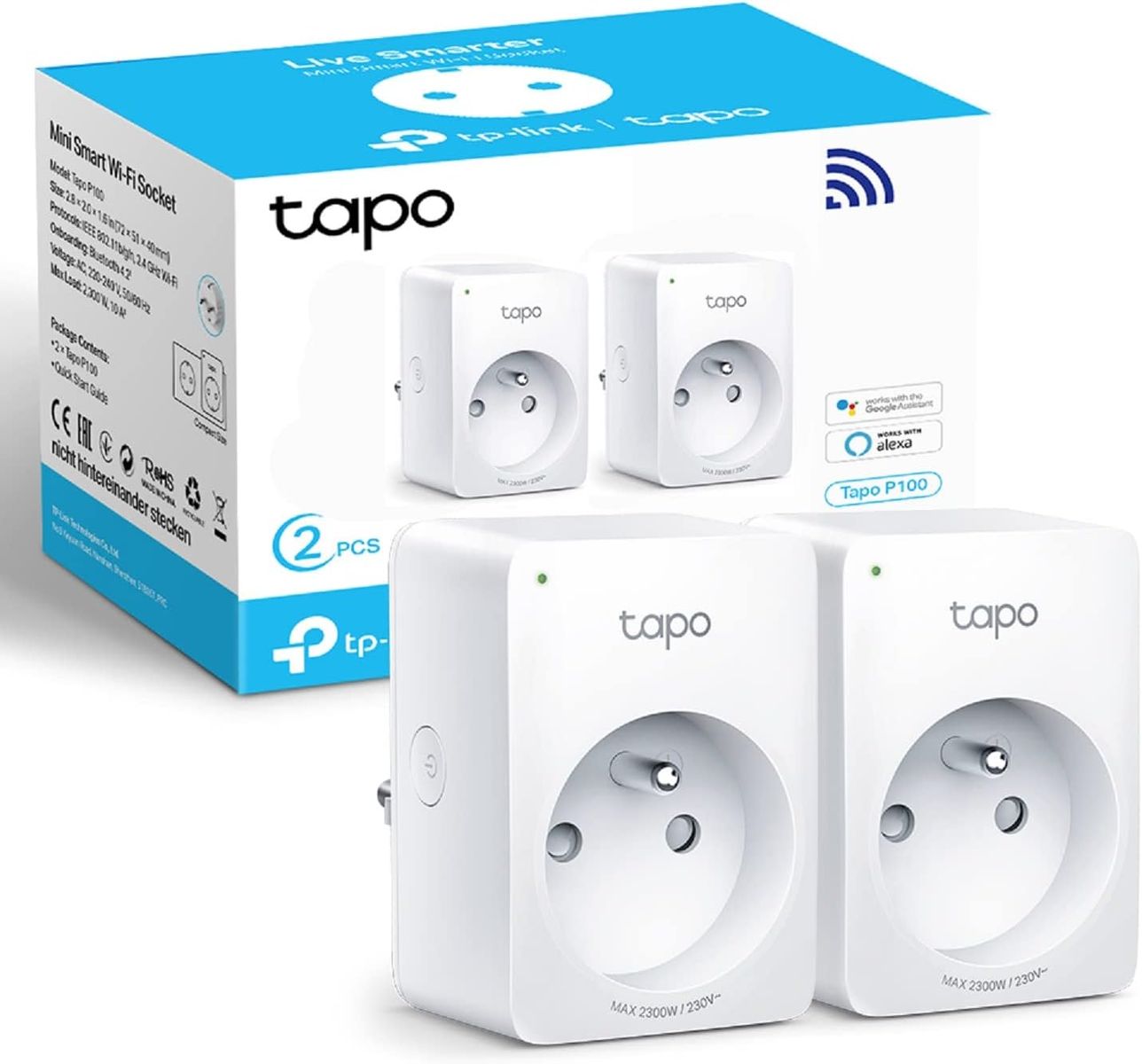 TP-LINK Tapo P100 (2er-Pack) WLAN-Steckdose, kompatibel mit Alexa und Google Home, 10 A Typ E, Steuerung des Heizkörpers, der Kaffeemaschine, der Lampe, ferngesteuert, kein Hub erforderlich