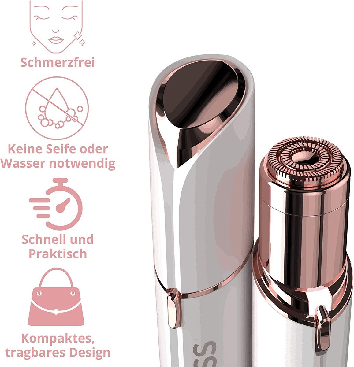 Finishing Touch Flawless Gesichtshaarentferner der neuen Generation. Schmerzfreie Haarentfernung für empfindliche Haut hypoallergen 18-karätigen vergoldeten Scherkopf inkl. Batterie