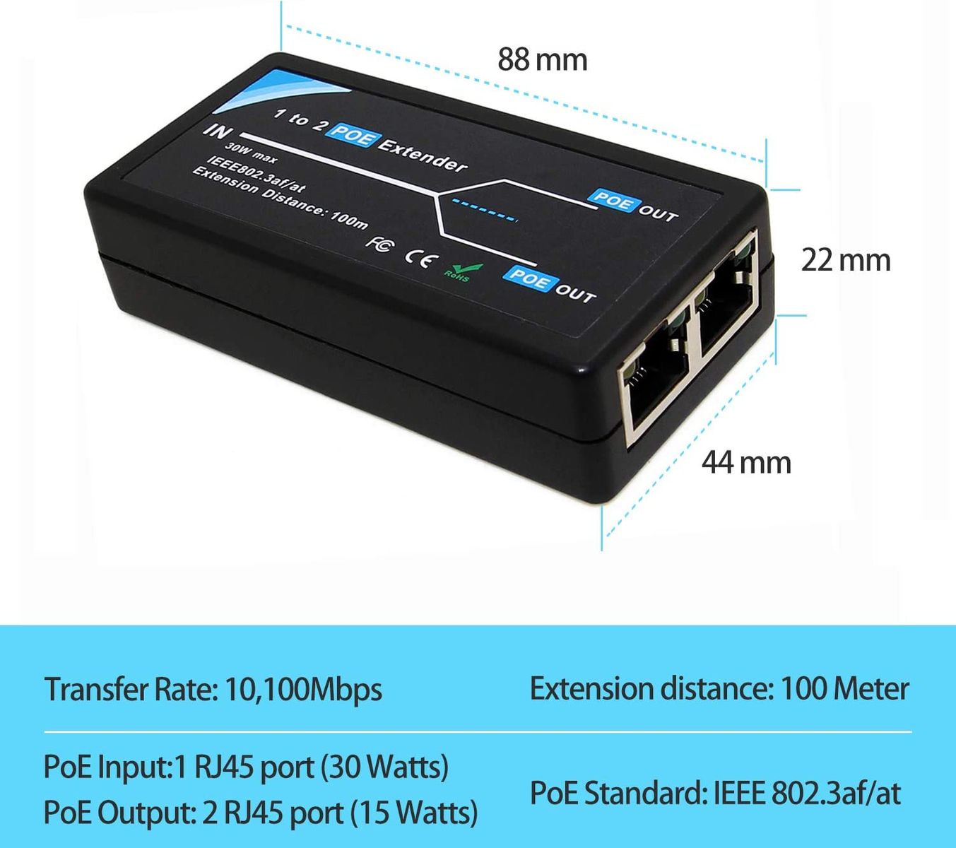 Revotech 2 Port POE Extender 10,100Mbps IEEE 802.3af/at Standard Einhalten, POE Repeater 100 Meter(328 ft) Extender 1 in 2 Out für POE IP-Kamera über Cat5/Cat6 oder bessere UTP-Kabel (POE5003)