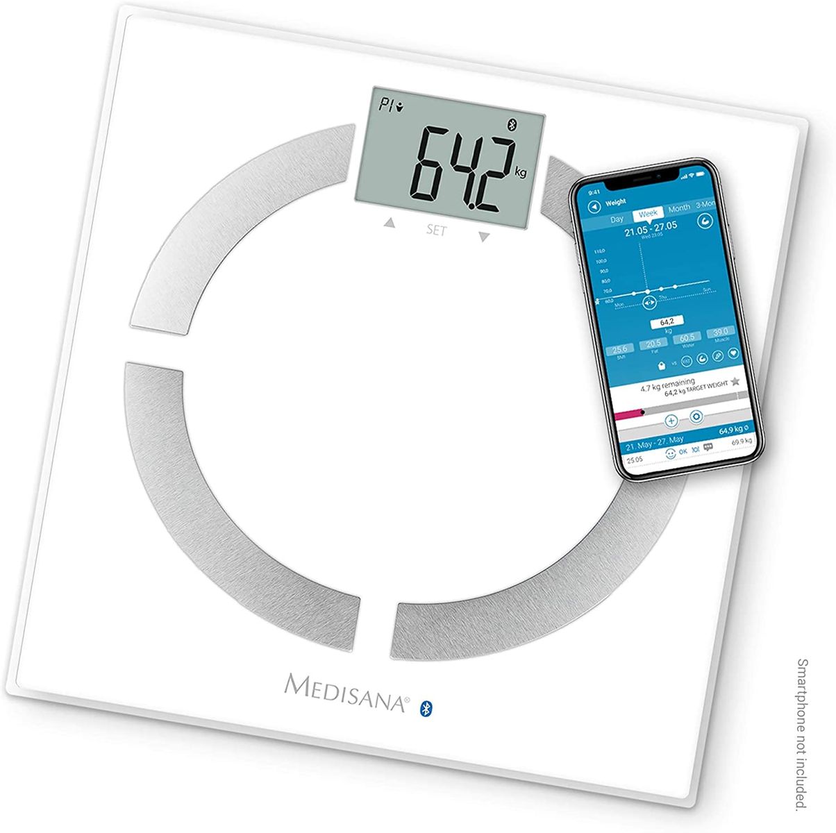 medisana BS 444 connect body composition scale 180 kg, personal scale for measuring body fat, body water, muscle mass and bone weight with Bluetooth and analysis app without e-book