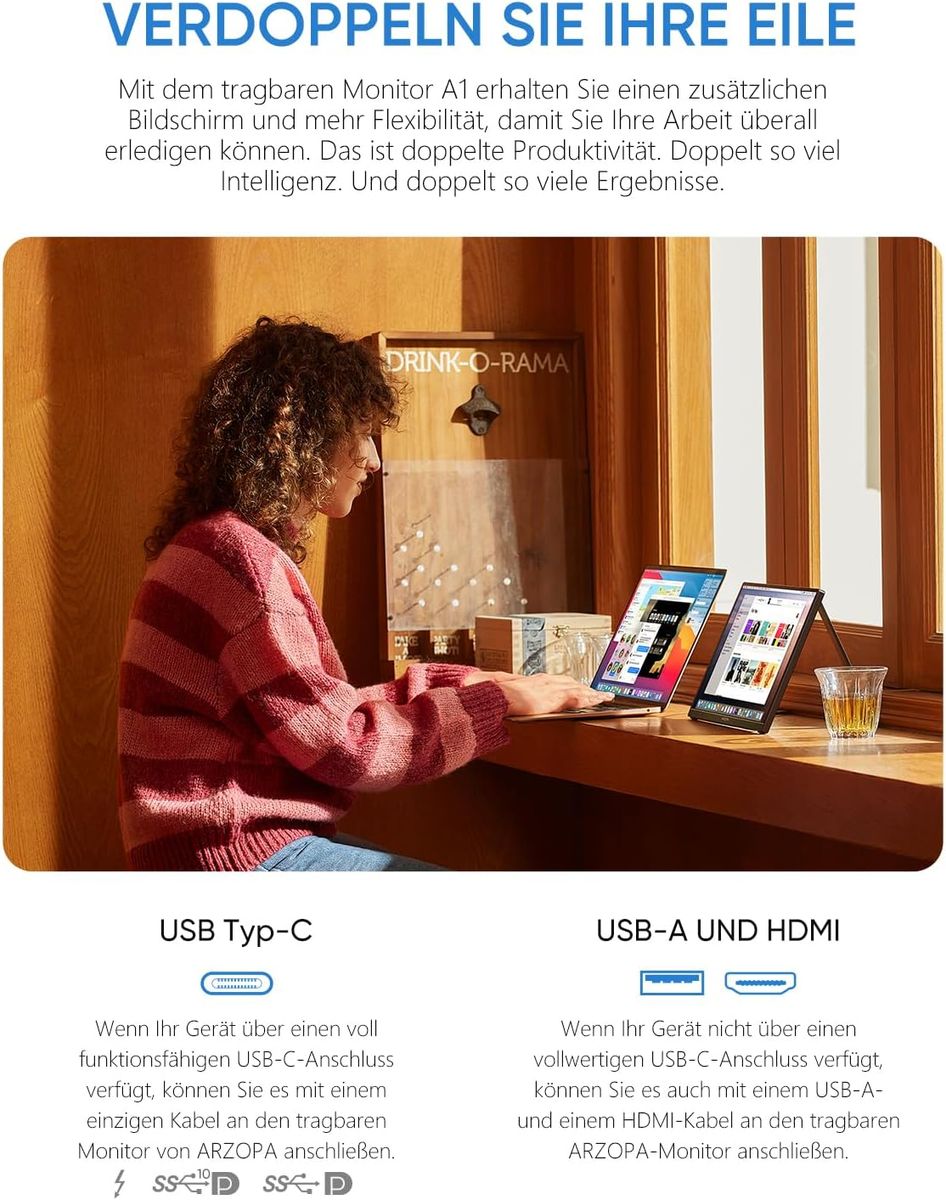 ARZOPA Tragbarer Monitor, 15.6" 1920×1080 FHD IPS Portabler Monitor für Laptop mit Einer Stütze, Ultra-Dünner Zweitbildschirm für Laptop/PC/Mac/PS3/4/5/Xbox - USB C & HDMI Anschluss - A1