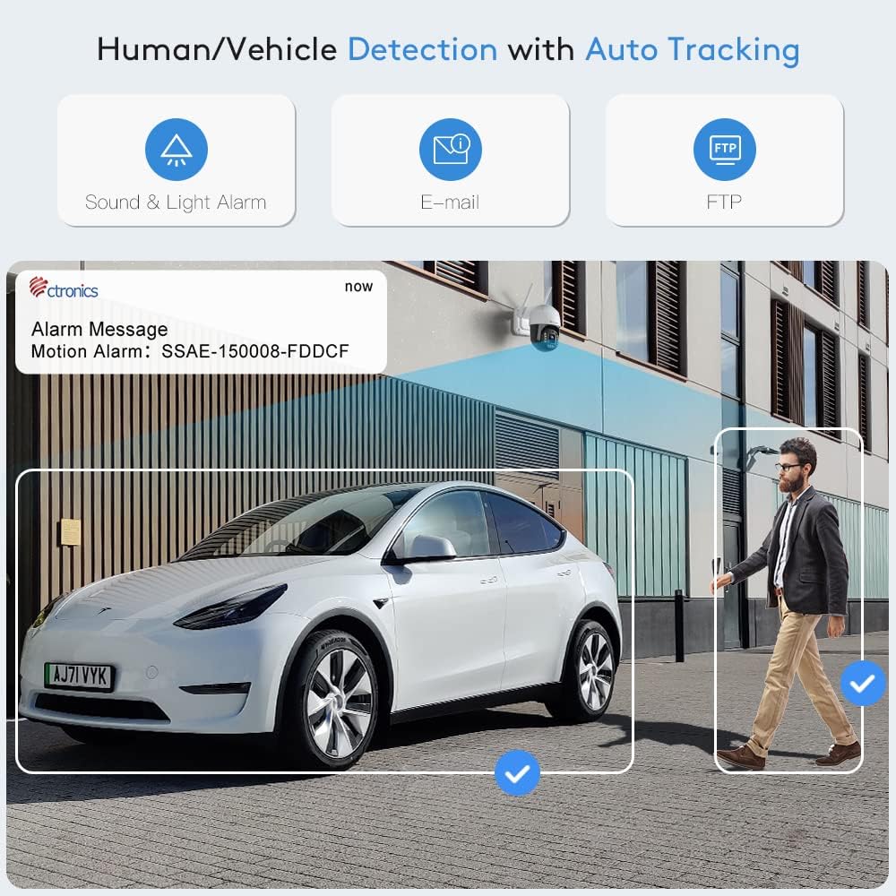 ctronics 4K 8MP Überwachungskamera Aussen WLAN, 2,4GHz/5GHz Dualband WiFi PTZ IP Kamera Outdoor mit Personen-/Fahrzeugerkennung, Automatische Verfolgung, 355°/90° Schwenkbar, Farbnachtsicht, IP66 Weiß